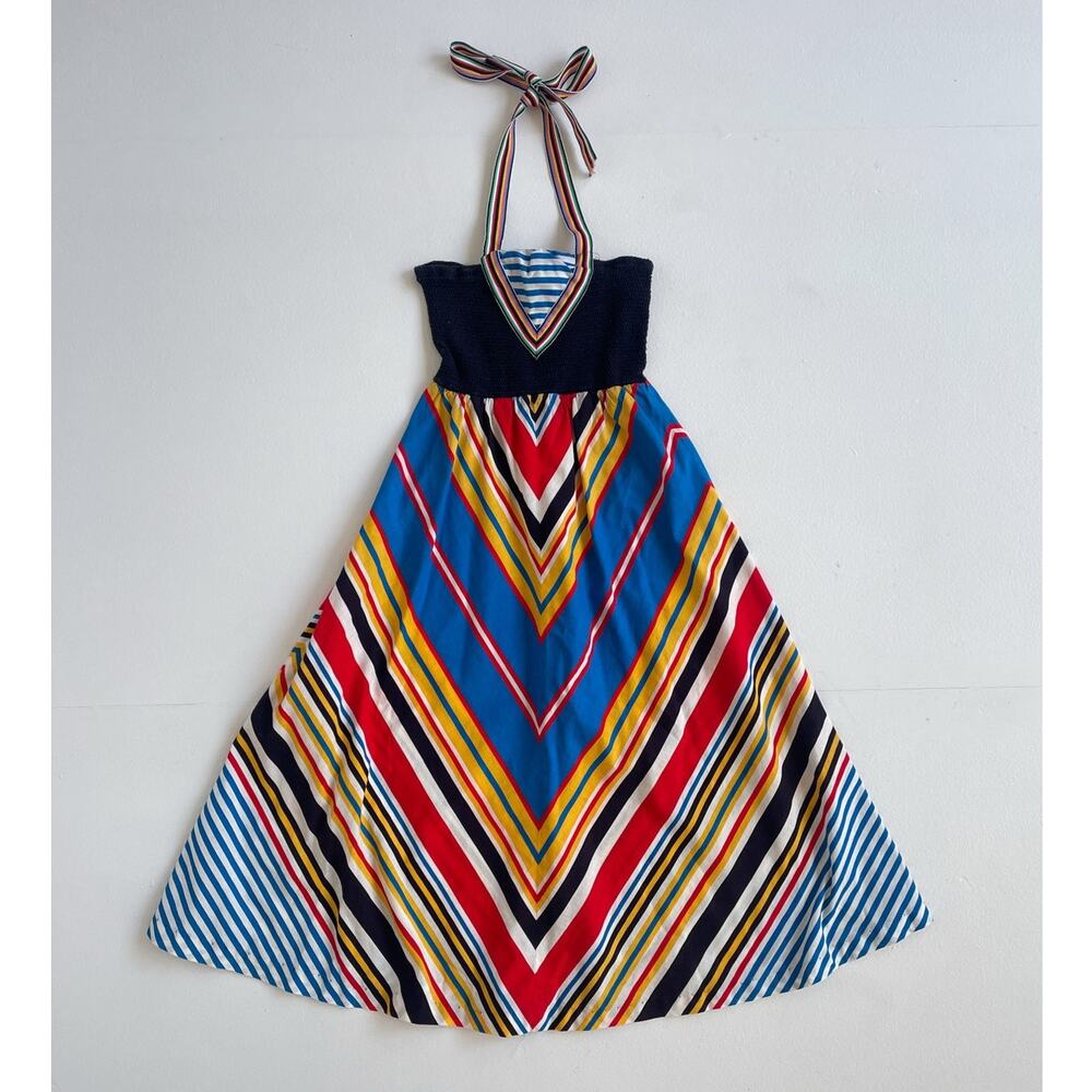 Vtg 70s Chevron Ruched Halter Sun Dress / XXS Women / Girls / Handmade Retro